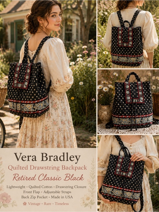 Vera Bradley Handbags - Vera Bradley Vintage Quilted Drawstring Backpack Black Floral Red Trim Rare USA